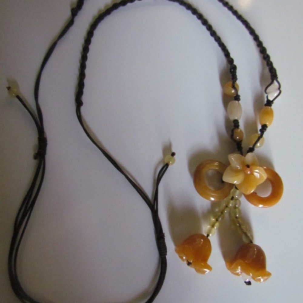 Handmade Butterscotch Glass Flower Bead Adjustable Knot Slide Cord Necklace